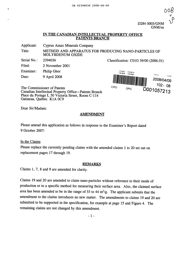 Canadian Patent Document 2394036. Prosecution-Amendment 20080409. Image 1 of 30