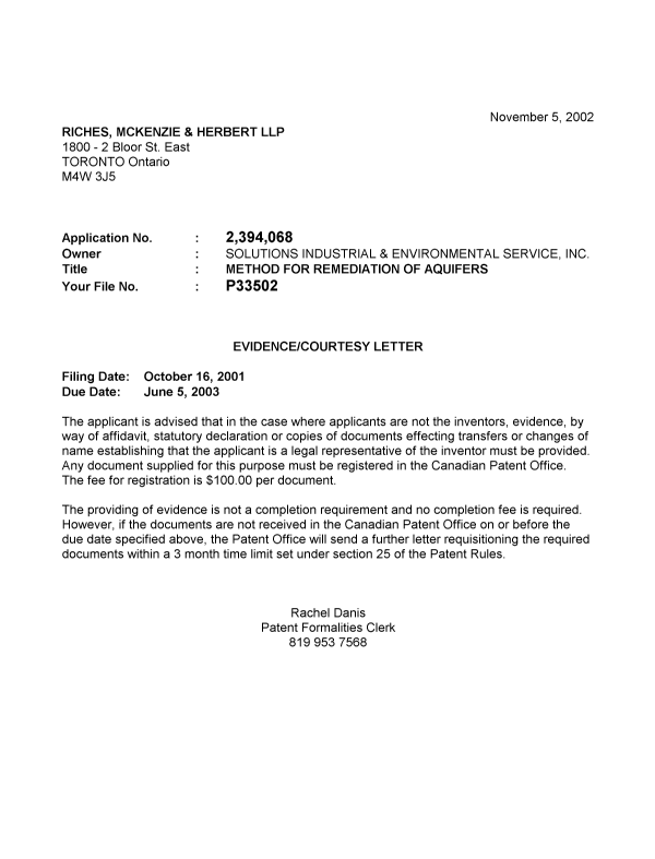 Document de brevet canadien 2394068. Correspondance 20011201. Image 1 de 1