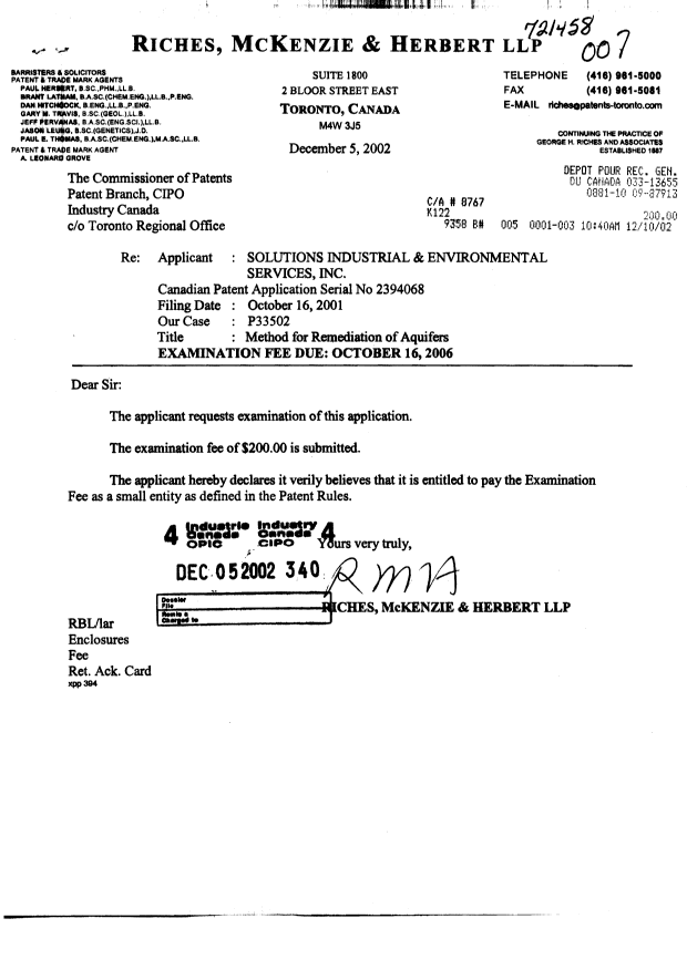 Document de brevet canadien 2394068. Poursuite-Amendment 20011205. Image 1 de 1