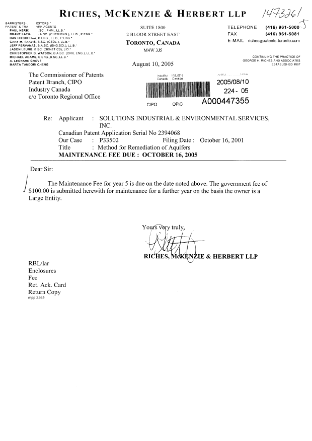 Document de brevet canadien 2394068. Taxes 20041210. Image 1 de 1