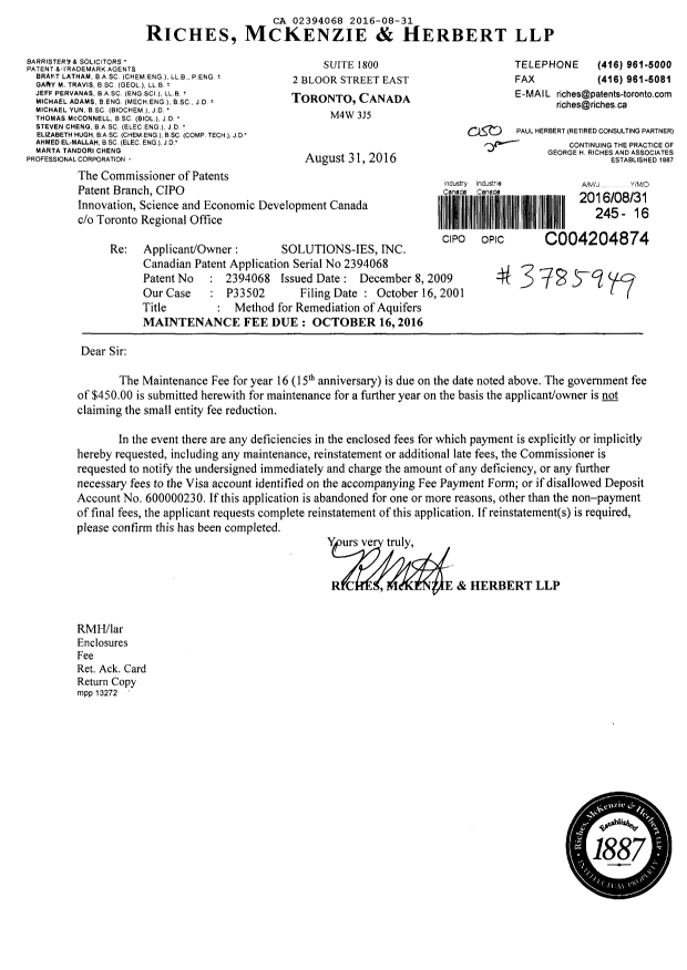 Document de brevet canadien 2394068. Taxes 20151231. Image 1 de 1
