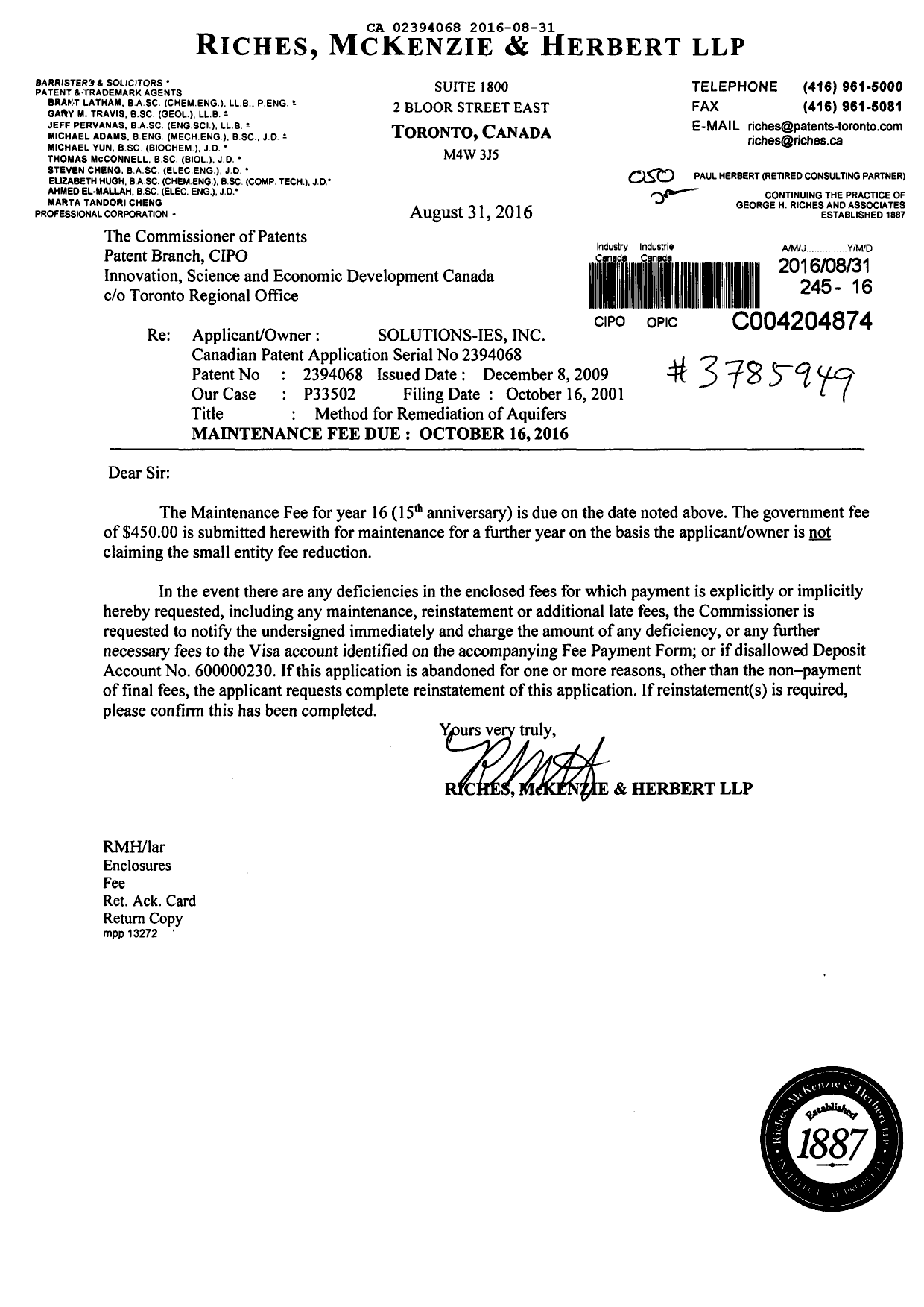 Document de brevet canadien 2394068. Taxes 20151231. Image 1 de 1