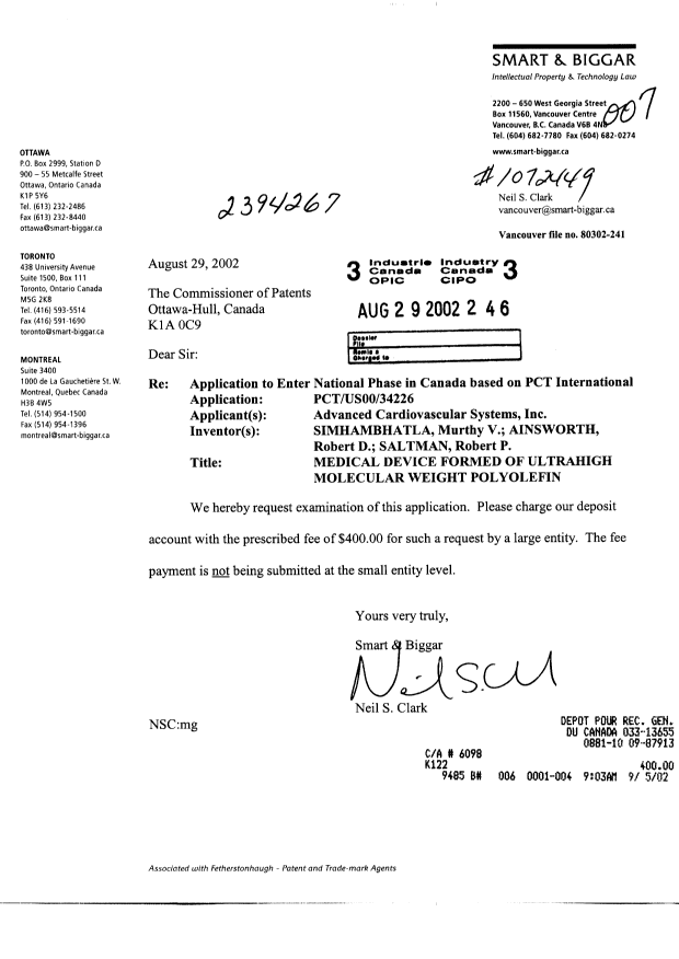 Canadian Patent Document 2394267. Prosecution-Amendment 20020829. Image 1 of 1