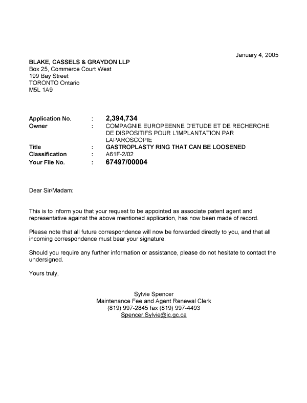 Canadian Patent Document 2394734. Correspondence 20050104. Image 1 of 1