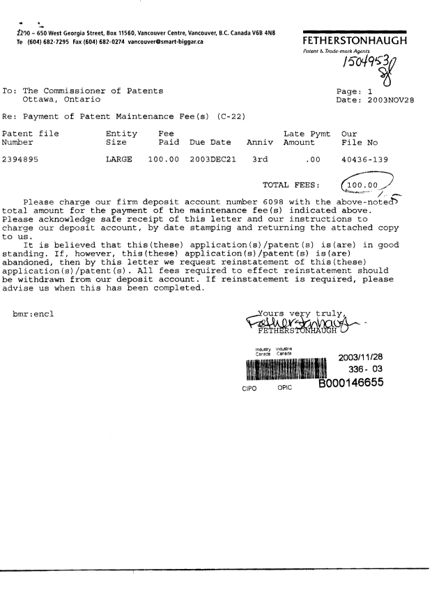 Document de brevet canadien 2394895. Taxes 20031128. Image 1 de 1