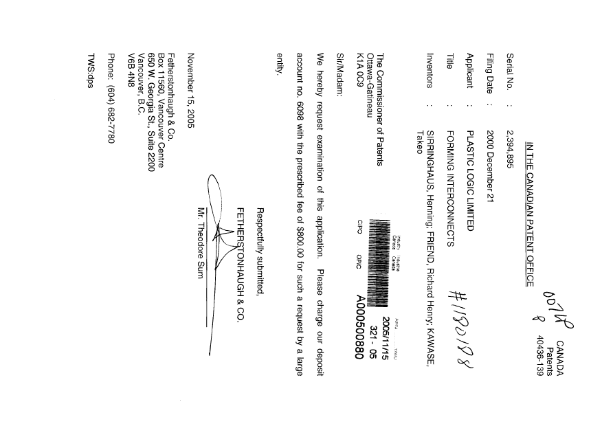 Canadian Patent Document 2394895. Prosecution-Amendment 20051115. Image 1 of 1