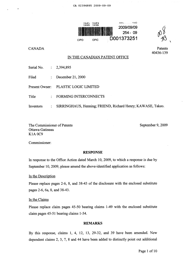 Canadian Patent Document 2394895. Prosecution-Amendment 20081209. Image 1 of 44
