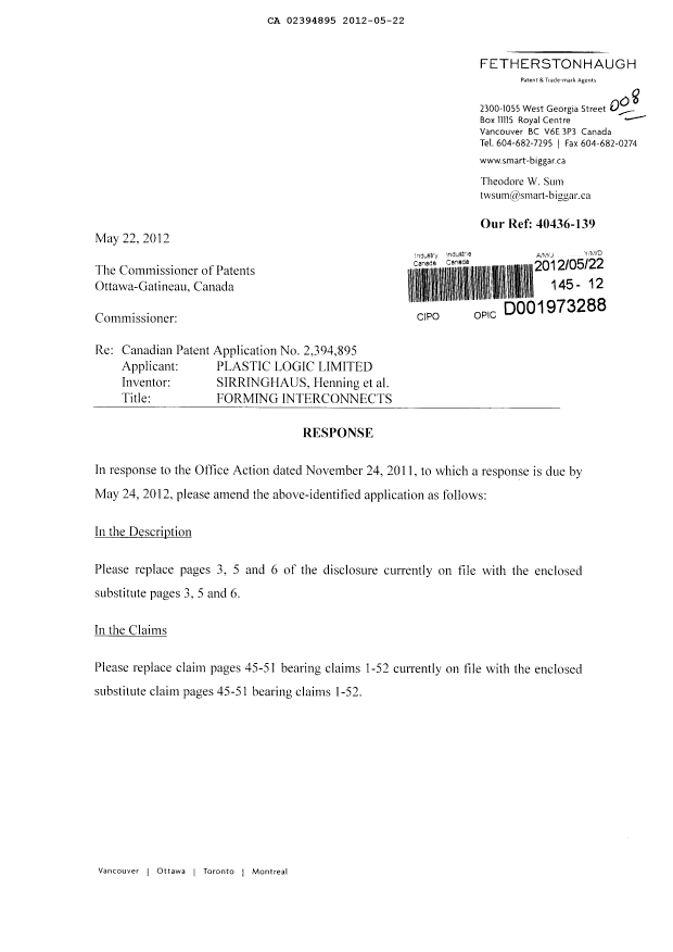 Canadian Patent Document 2394895. Prosecution-Amendment 20111222. Image 1 of 15