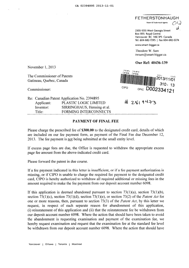 Document de brevet canadien 2394895. Correspondance 20131101. Image 1 de 2