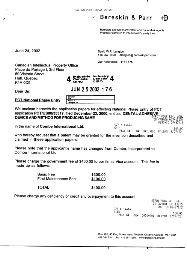 Document de brevet canadien 2394897. Cession 20020625. Image 1 de 4