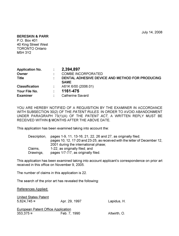 Document de brevet canadien 2394897. Poursuite-Amendment 20080714. Image 1 de 3