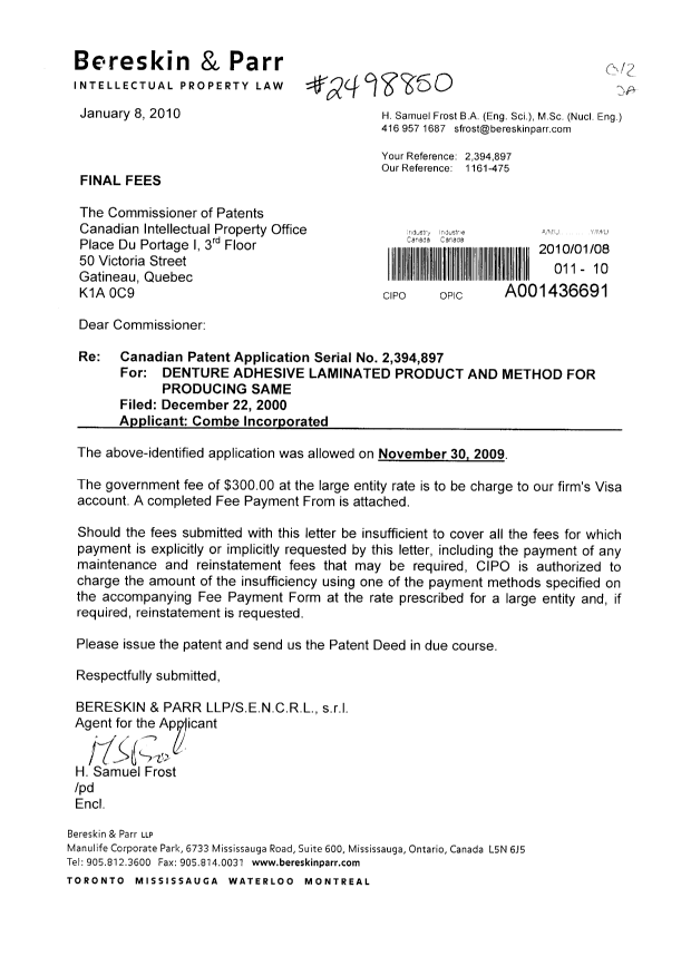 Document de brevet canadien 2394897. Correspondance 20100108. Image 1 de 2