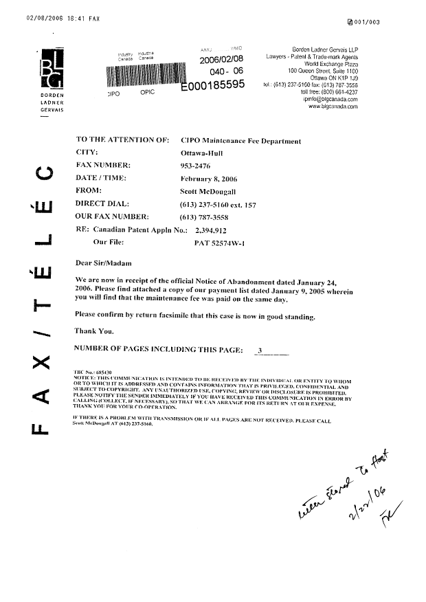 Document de brevet canadien 2394912. Correspondance 20060208. Image 1 de 3