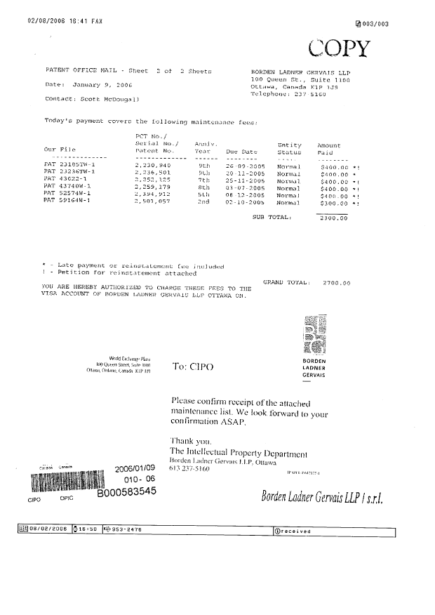 Canadian Patent Document 2394912. Correspondence 20060208. Image 3 of 3