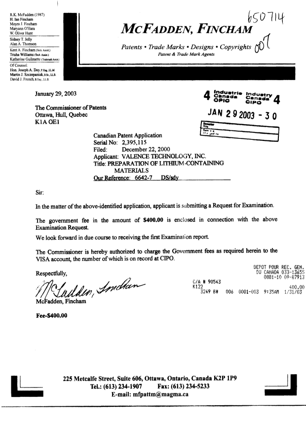 Canadian Patent Document 2395115. Prosecution-Amendment 20030129. Image 1 of 1