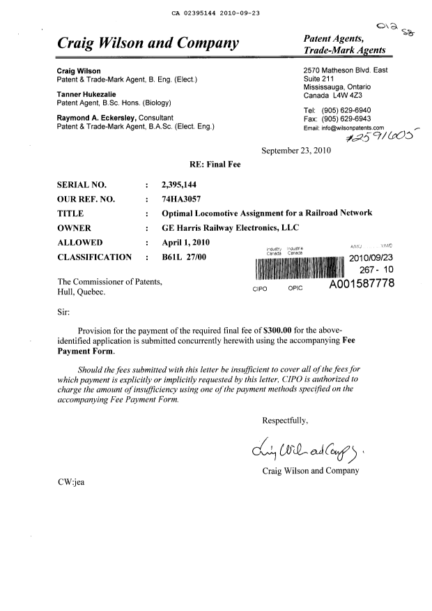 Canadian Patent Document 2395144. Correspondence 20100923. Image 1 of 1