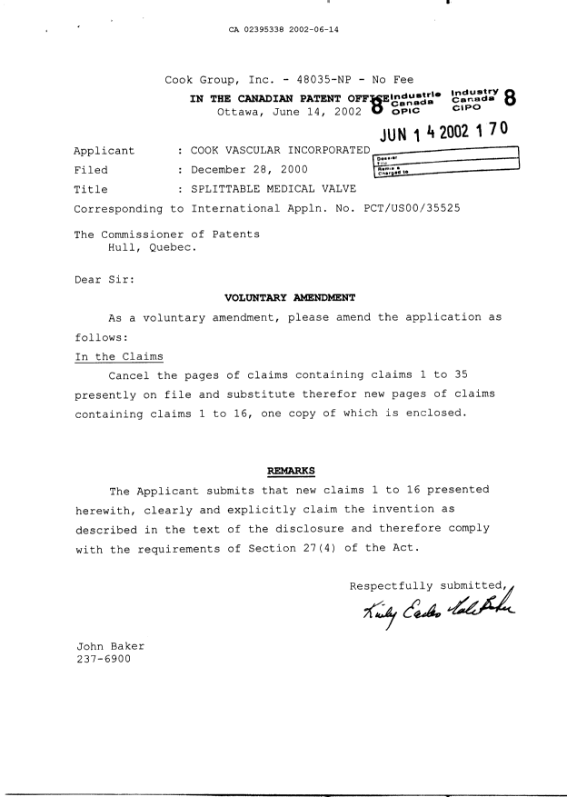 Canadian Patent Document 2395338. Prosecution-Amendment 20011214. Image 1 of 4