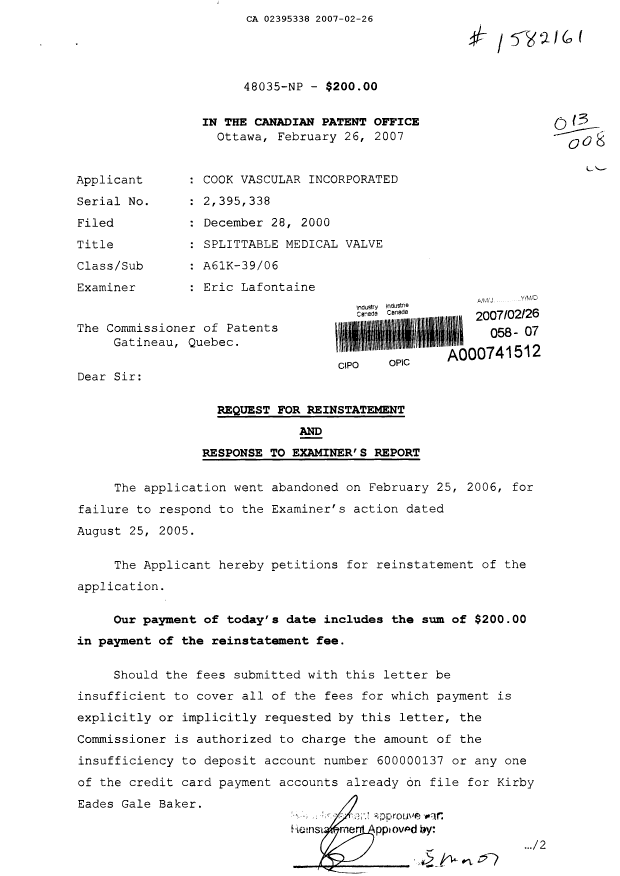 Document de brevet canadien 2395338. Poursuite-Amendment 20070226. Image 1 de 14