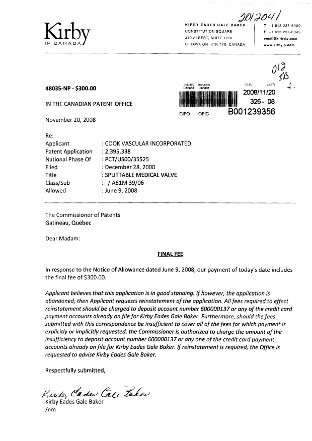 Canadian Patent Document 2395338. Correspondence 20071220. Image 1 of 1
