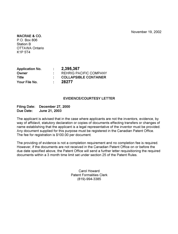 Document de brevet canadien 2395367. Correspondance 20021115. Image 1 de 1