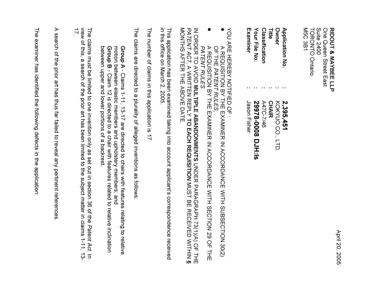 Canadian Patent Document 2395451. Prosecution-Amendment 20050420. Image 1 of 2