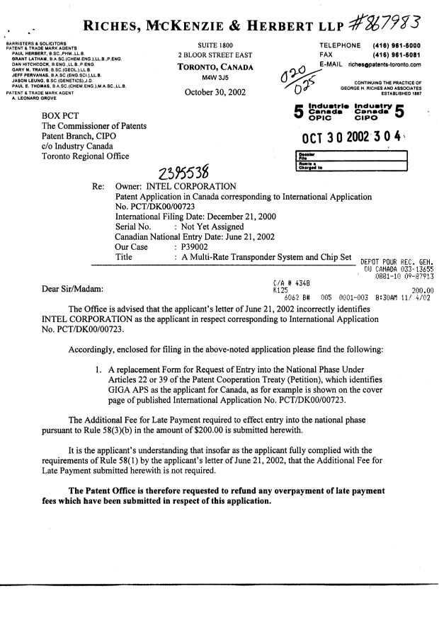Document de brevet canadien 2395538. Correspondance 20021030. Image 1 de 4