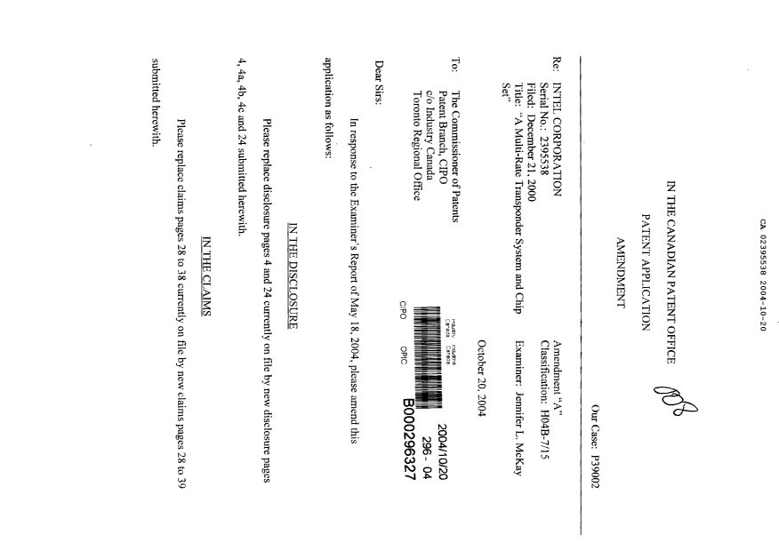 Canadian Patent Document 2395538. Prosecution-Amendment 20041020. Image 1 of 28