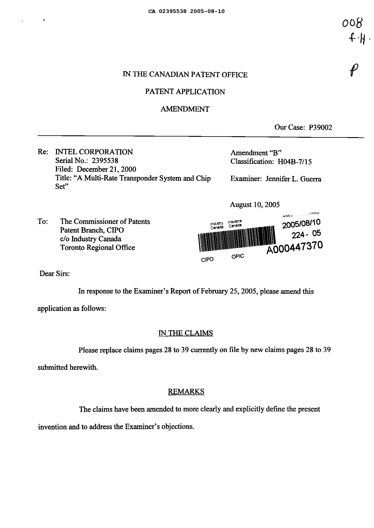 Canadian Patent Document 2395538. Prosecution-Amendment 20050810. Image 1 of 17
