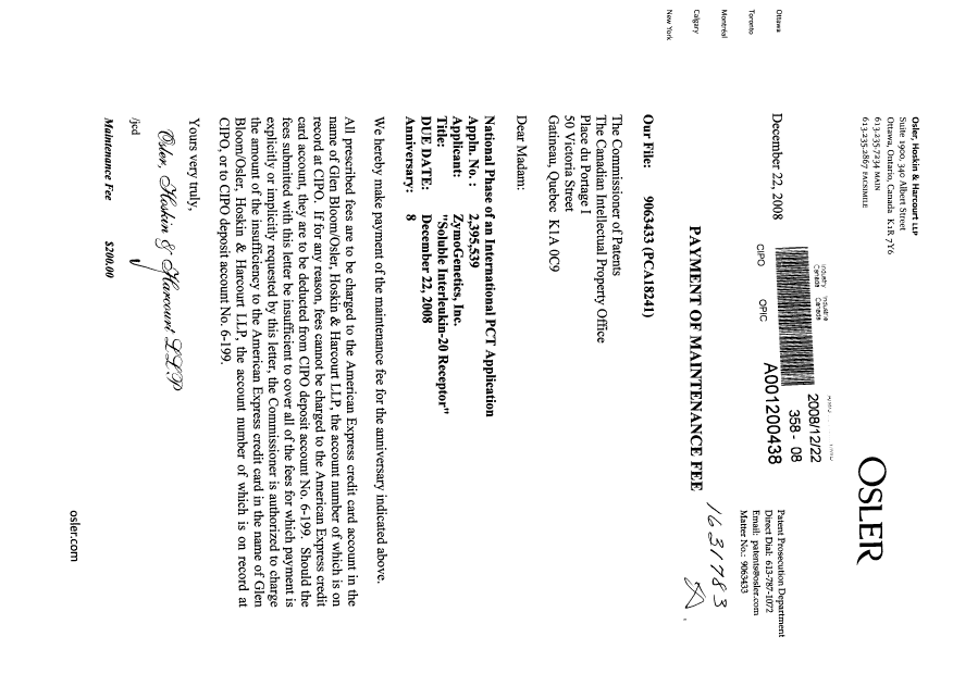 Canadian Patent Document 2395539. Fees 20081222. Image 1 of 1