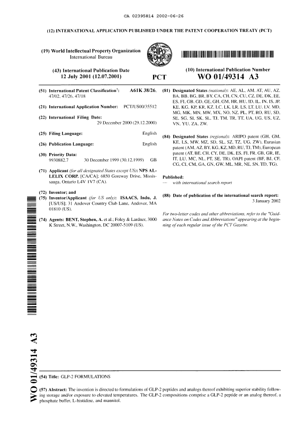 Document de brevet canadien 2395814. Abrégé 20020626. Image 1 de 1