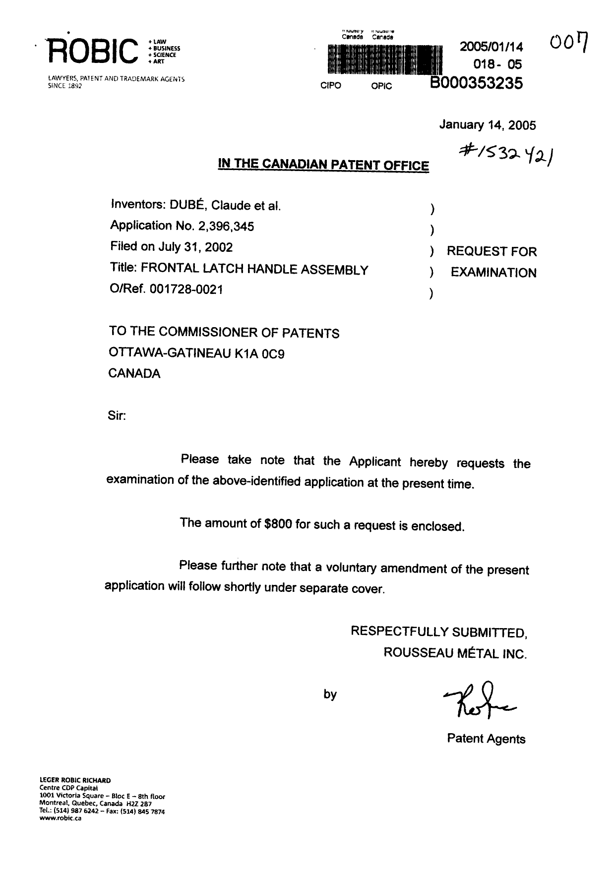 Canadian Patent Document 2396345. Prosecution-Amendment 20050114. Image 1 of 2