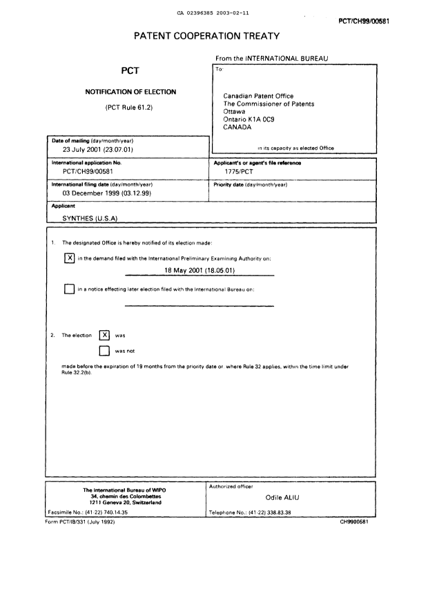 Document de brevet canadien 2396385. PCT 20030211. Image 1 de 11