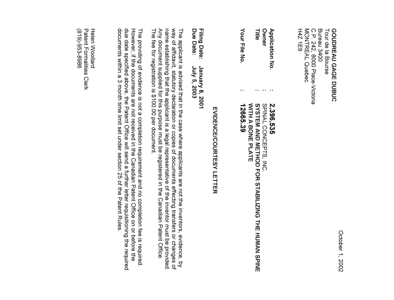 Canadian Patent Document 2396535. Correspondence 20020930. Image 1 of 1