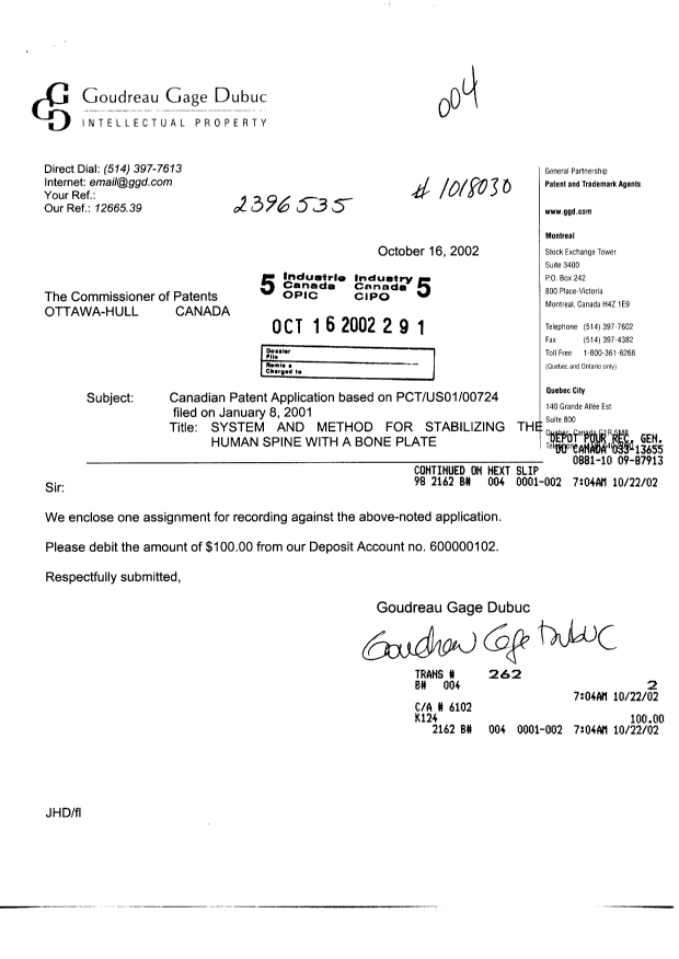 Document de brevet canadien 2396535. Cession 20021016. Image 1 de 4