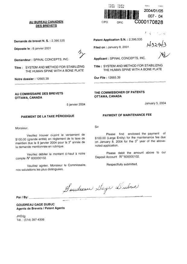 Document de brevet canadien 2396535. Taxes 20040105. Image 1 de 1