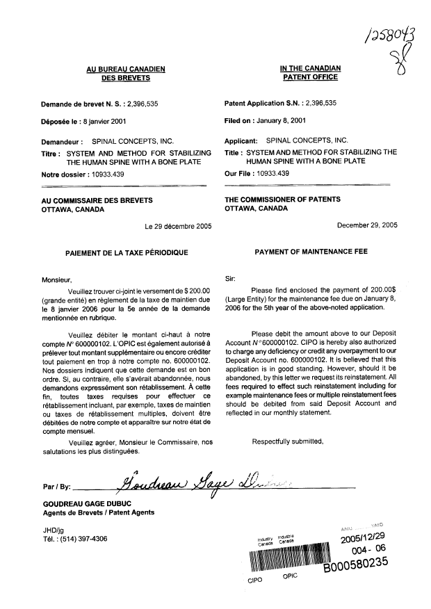 Document de brevet canadien 2396535. Taxes 20051229. Image 1 de 1