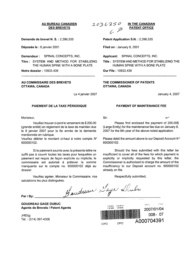 Document de brevet canadien 2396535. Taxes 20070104. Image 1 de 1