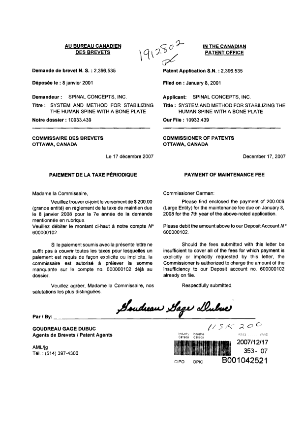 Document de brevet canadien 2396535. Taxes 20071217. Image 1 de 1