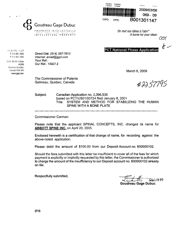 Document de brevet canadien 2396535. Cession 20090306. Image 1 de 2