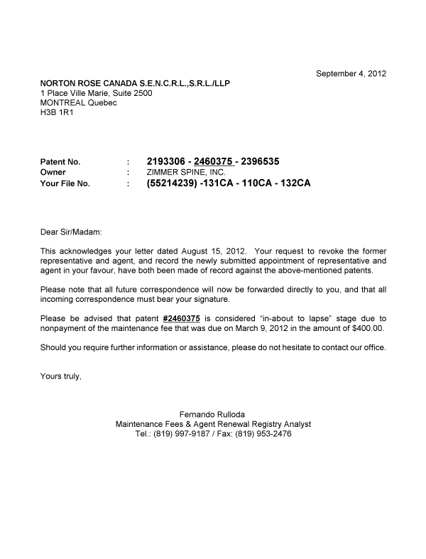 Canadian Patent Document 2396535. Correspondence 20120904. Image 1 of 1