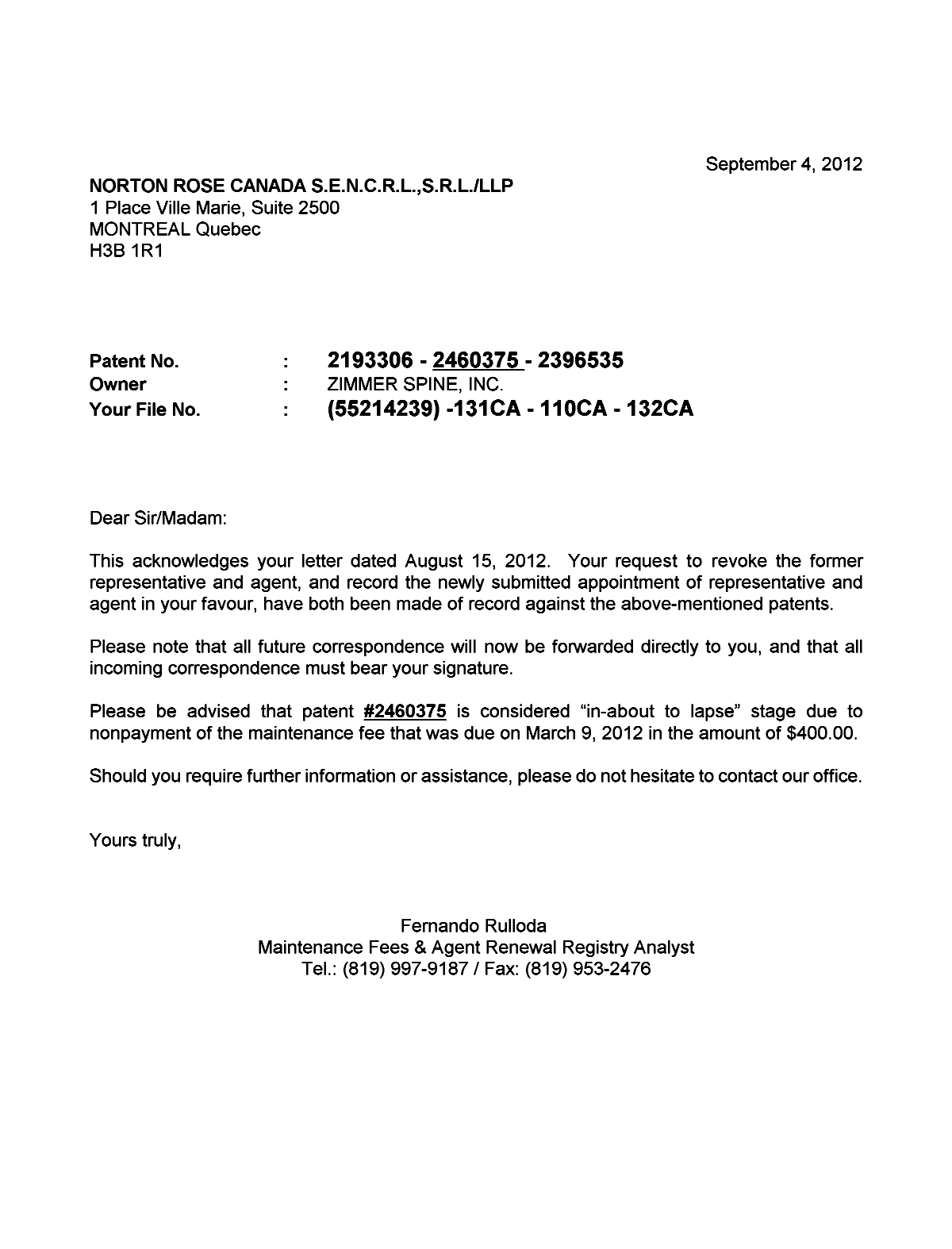 Canadian Patent Document 2396535. Correspondence 20120904. Image 1 of 1