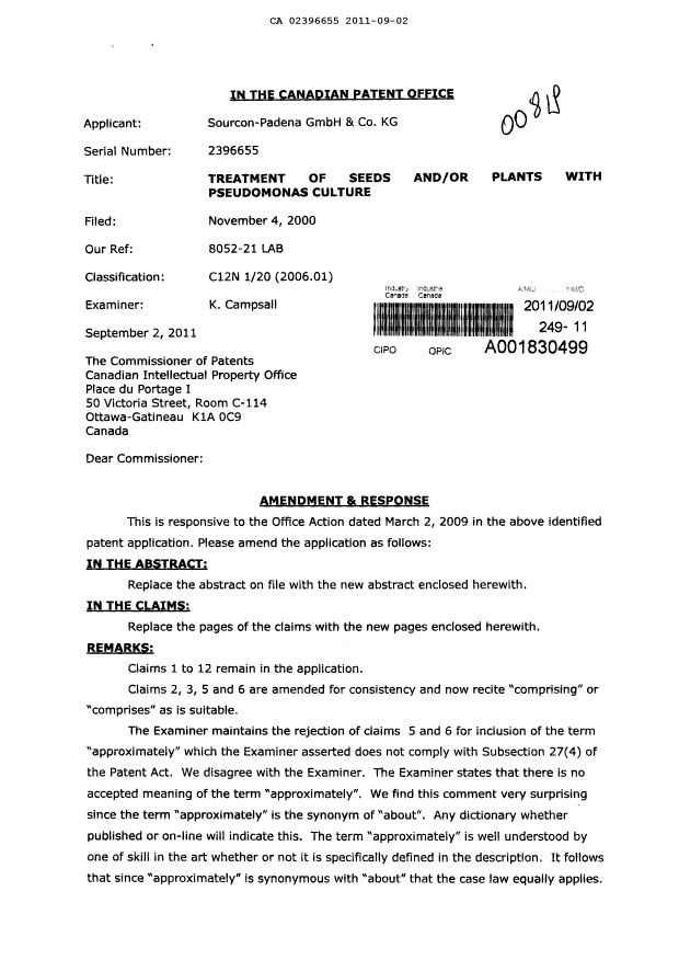 Canadian Patent Document 2396655. Prosecution-Amendment 20110902. Image 1 of 5