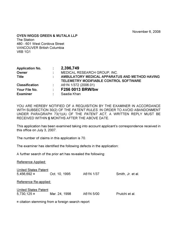 Document de brevet canadien 2396749. Poursuite-Amendment 20081106. Image 1 de 3