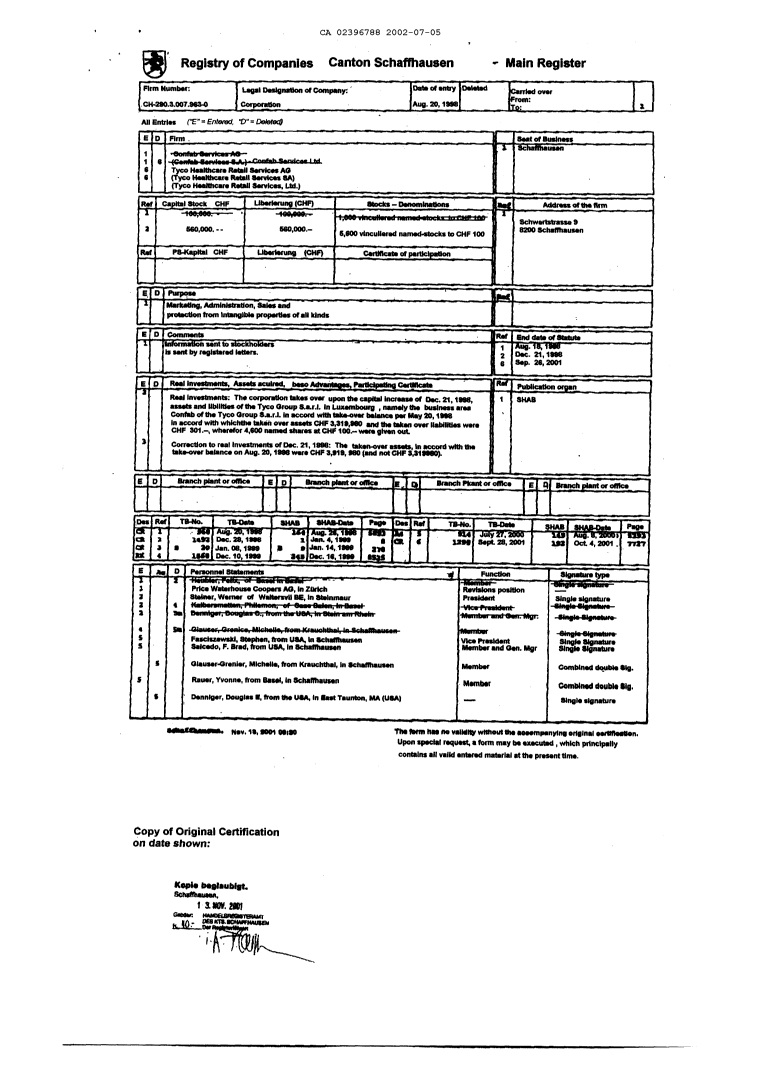 Document de brevet canadien 2396788. Cession 20020705. Image 13 de 13