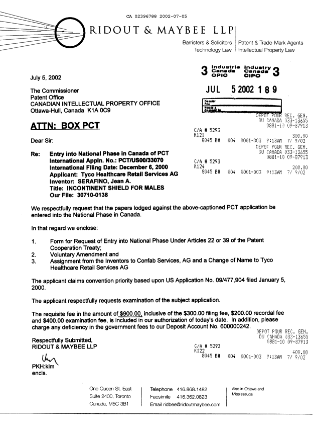 Document de brevet canadien 2396788. Cession 20020705. Image 1 de 13
