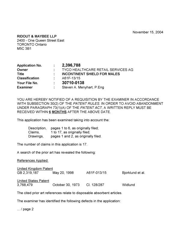 Canadian Patent Document 2396788. Prosecution-Amendment 20031215. Image 1 of 2
