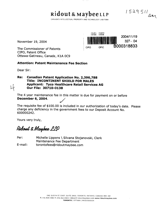 Canadian Patent Document 2396788. Fees 20041119. Image 1 of 1