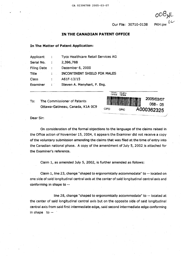Canadian Patent Document 2396788. Prosecution-Amendment 20050307. Image 1 of 10