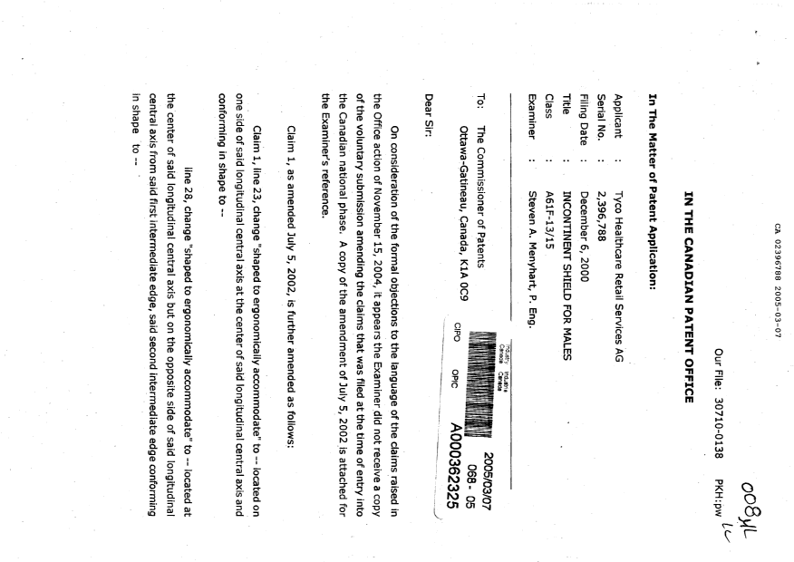 Document de brevet canadien 2396788. Poursuite-Amendment 20050307. Image 1 de 10