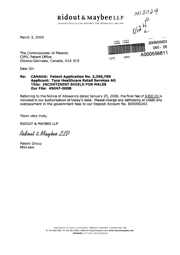 Canadian Patent Document 2396788. Correspondence 20051203. Image 1 of 1